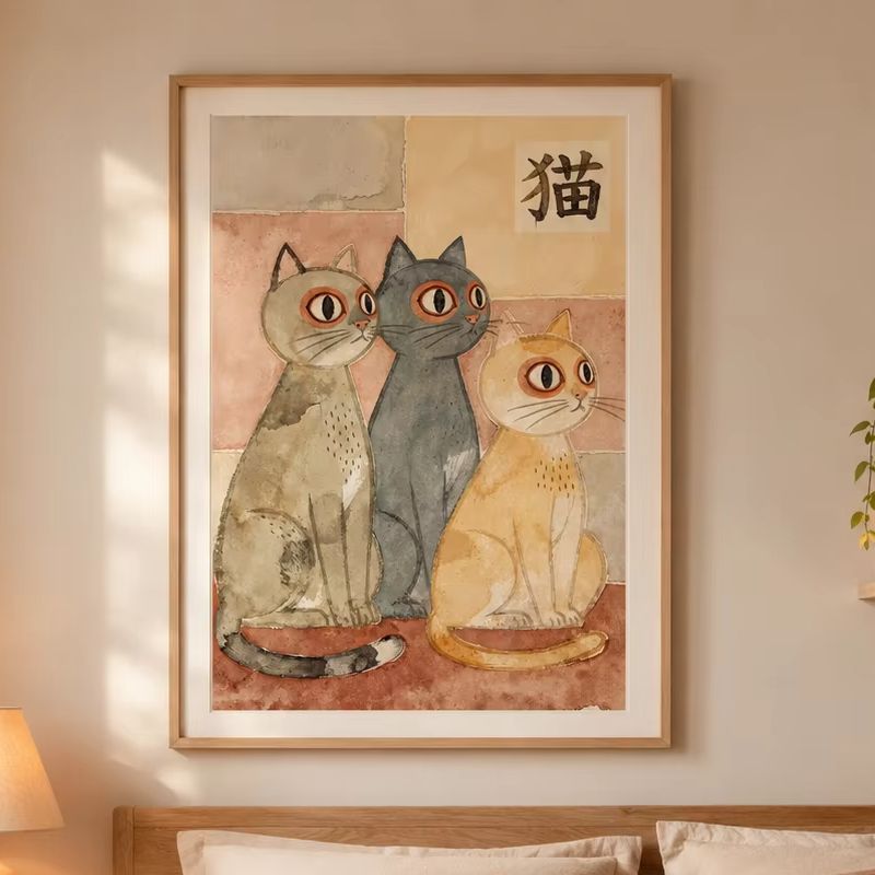 Home Office Japandi - Pôster de gatos japandi, impressão em
