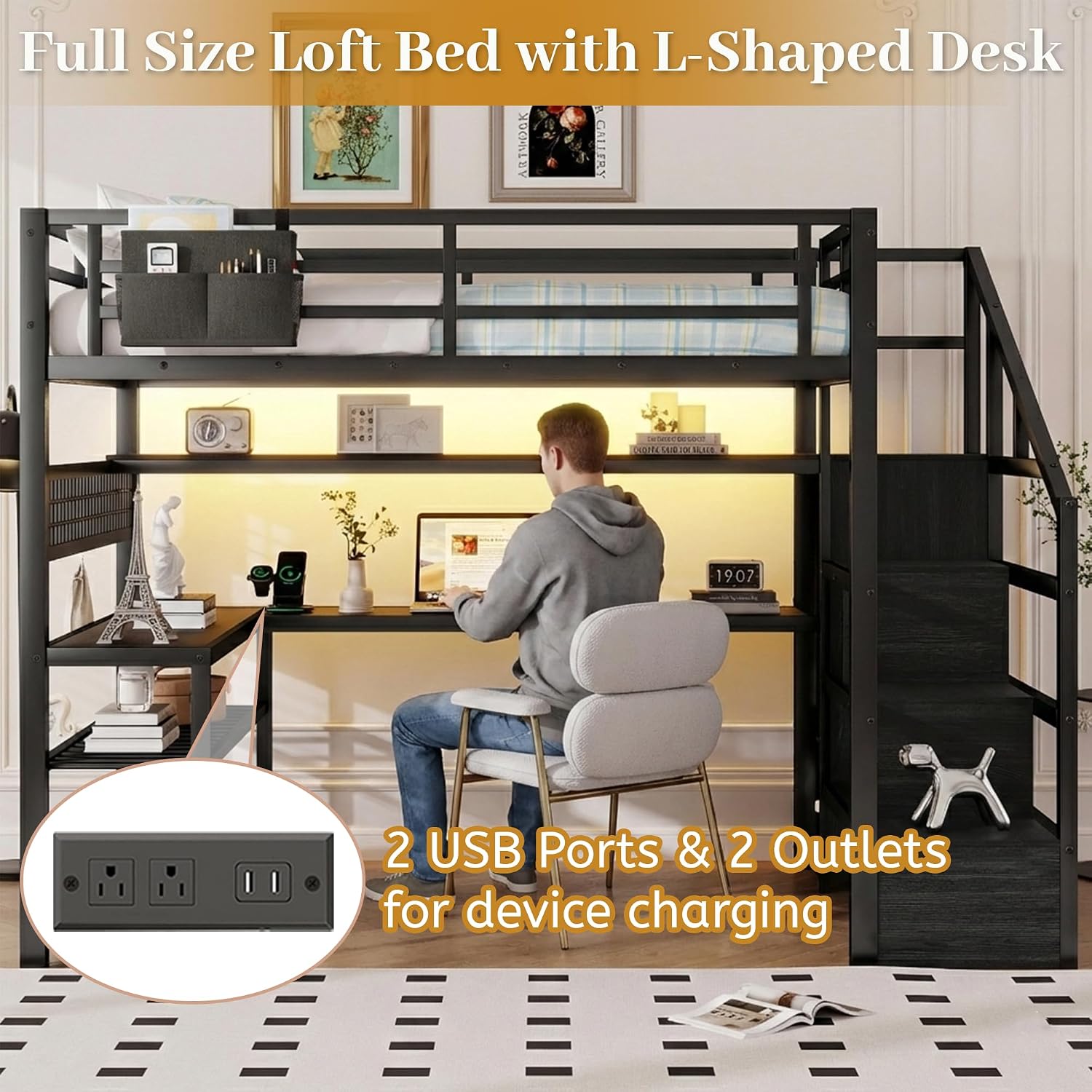 Cama Loft de Tamanho Completo  - Desk Charging Station avaliação e preço
